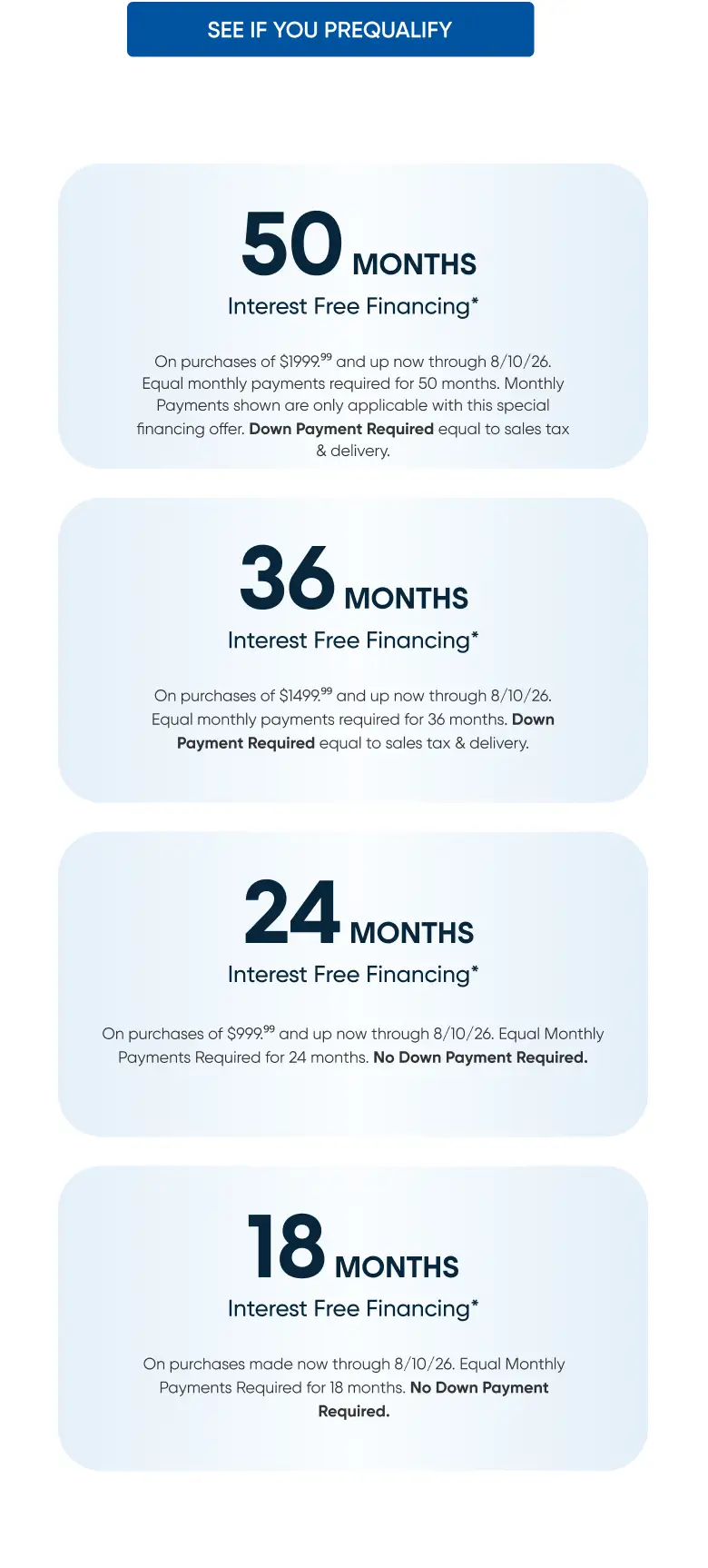 Promotional graphic showing interest-free financing options for 50, 36, 24, and 18 months with specific purchase requirements.