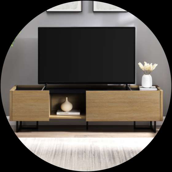 A wooden TV stand with a black top and black legs, holding a TV.
