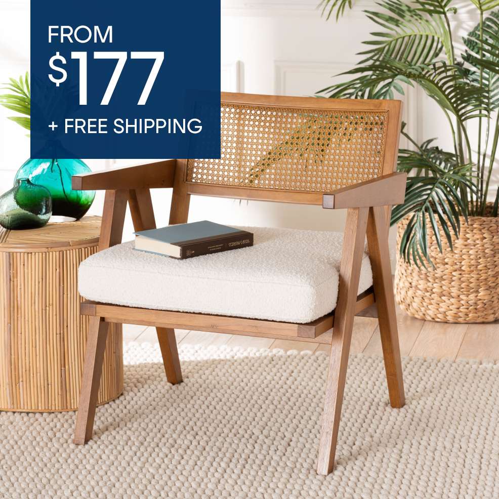FROM $177 + FREE SHIPPING. A wooden chair with a woven back and white cushion.
