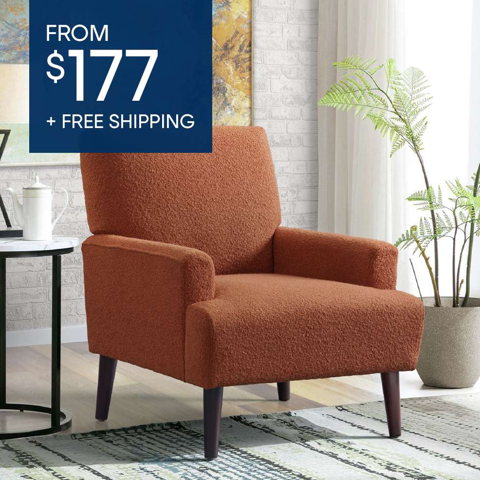 FROM $177 + FREE SHIPPING. An orange armchair.
