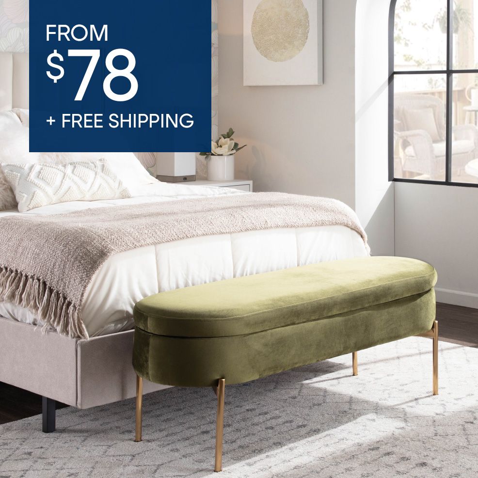 FROM $78 + FREE SHIPPING. A green velvet bench with gold legs in a bedroom.

