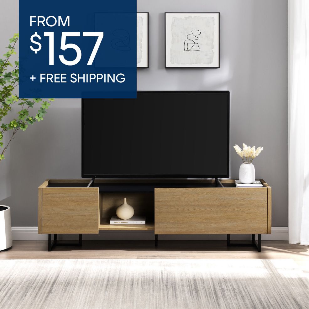 FROM $157 + FREE SHIPPING. A wooden TV stand with a black TV on top.
