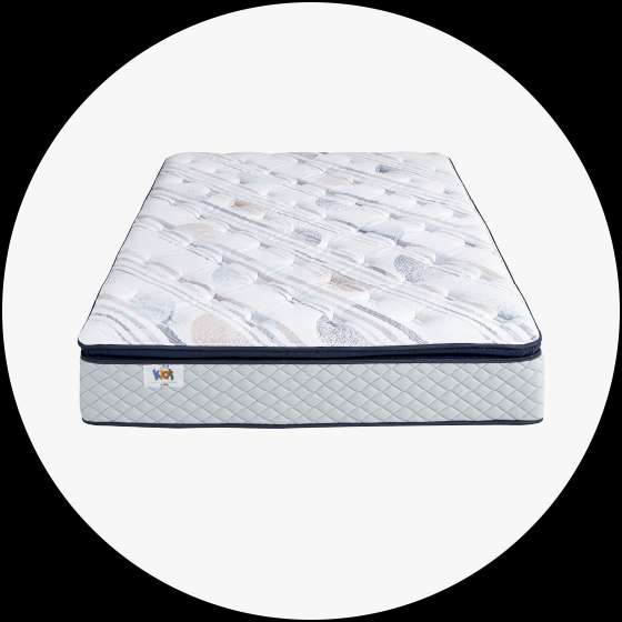 Mattress with a quilted top and a blue border.
