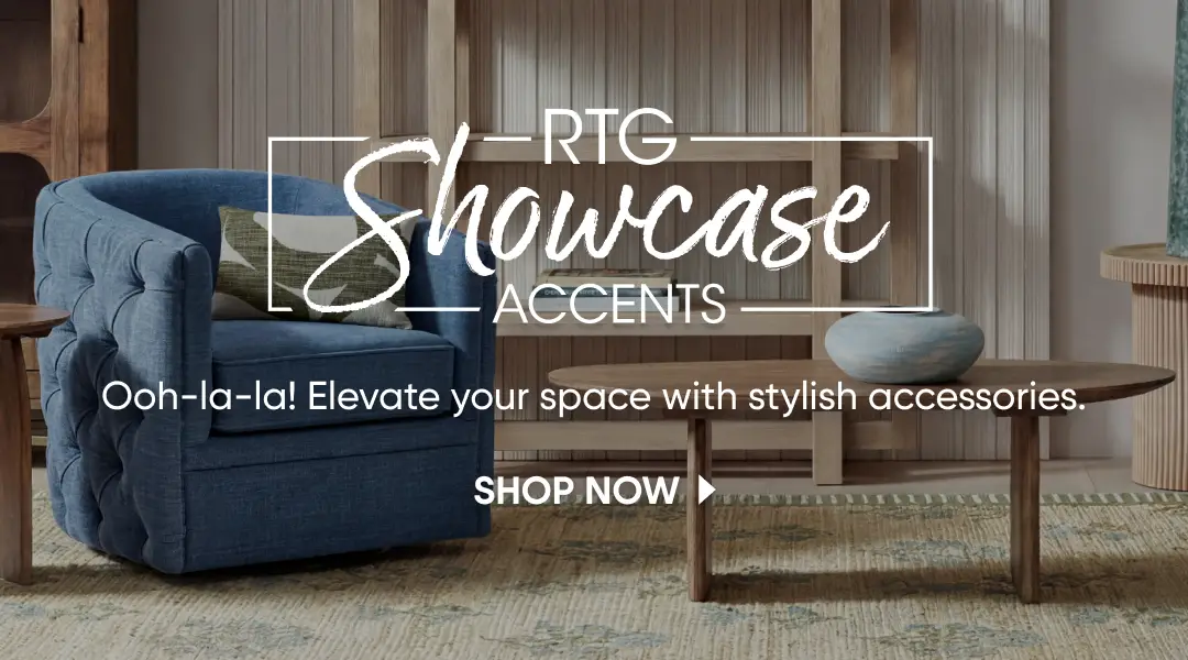 RTG Showcase Accents: Ooh-la-la! Elevate your space with stylish accessories. Shop now. A blue tufted swivel chair.