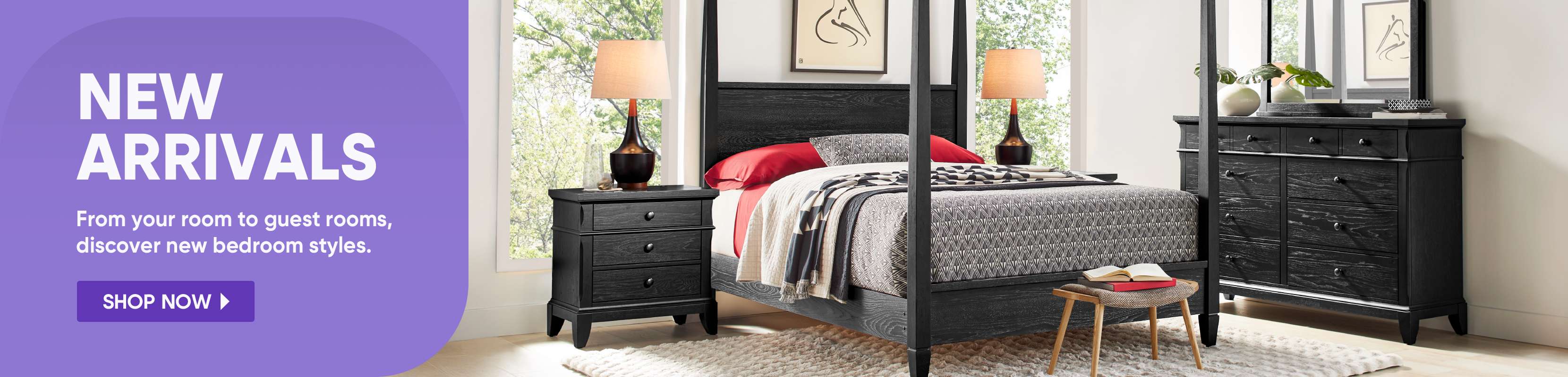 NEW ARRIVALS. Bedroom furniture set with a bed, nightstand, and dresser.
