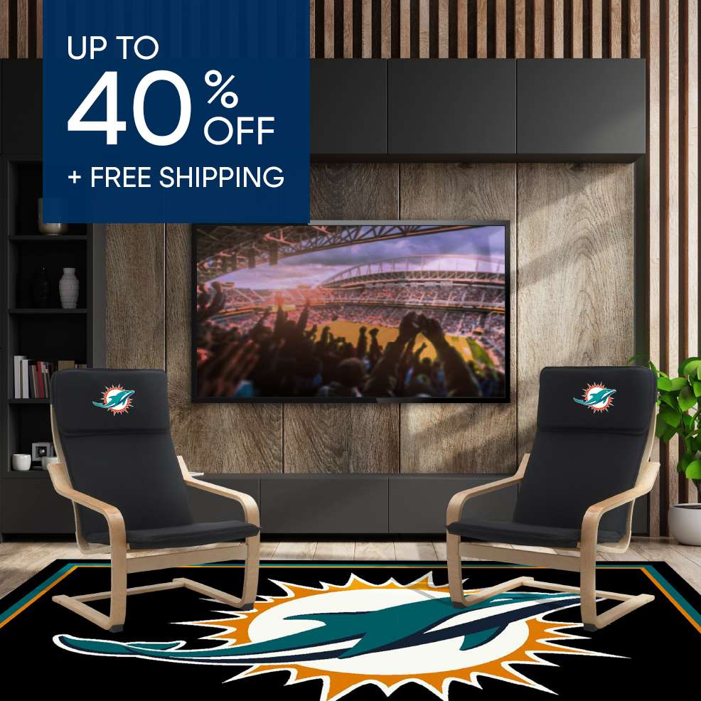 Up to 40% off + Free Shipping. Two black chairs with Miami Dolphins logo on a rug with the Dolphins logo.
