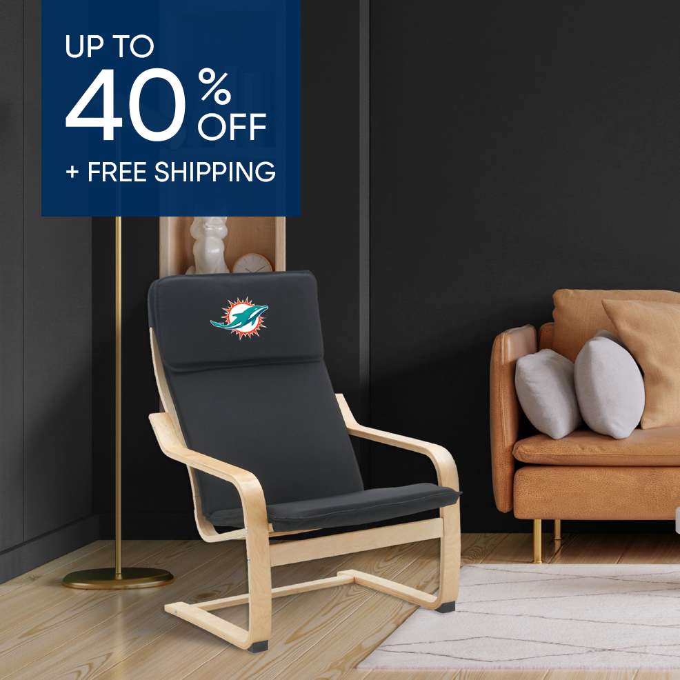 Up to 40% off + Free Shipping. A black chair with the Miami Dolphins logo.
