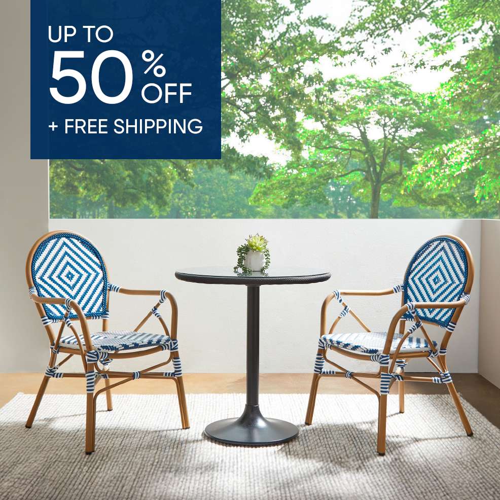 Up to 50% off + Free Shipping. Two blue and white patio chairs with a small table.
