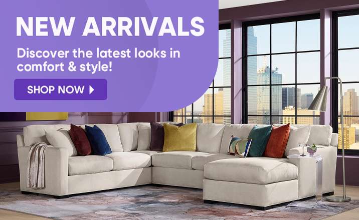 NEW ARRIVALS. Discover the latest looks in comfort & style! Shop Now. A beige sectional sofa with colorful pillows.
