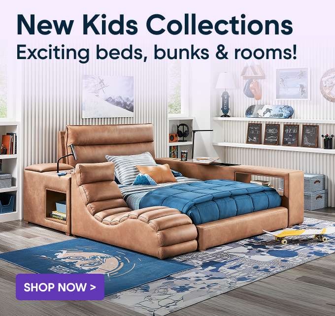 New Kids Collections. Exciting beds, bunks & rooms! Shop Now. A brown leather bed with built-in features.
