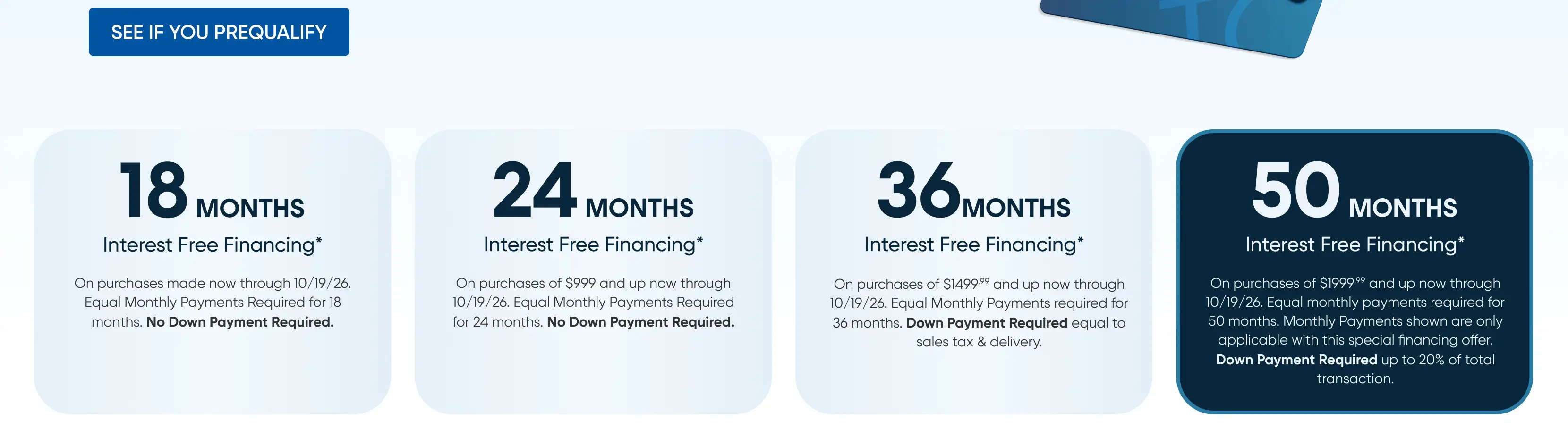 Promotional graphic showing interest-free financing options for 18, 24, 36, and 50 months with specific purchase requirements.
