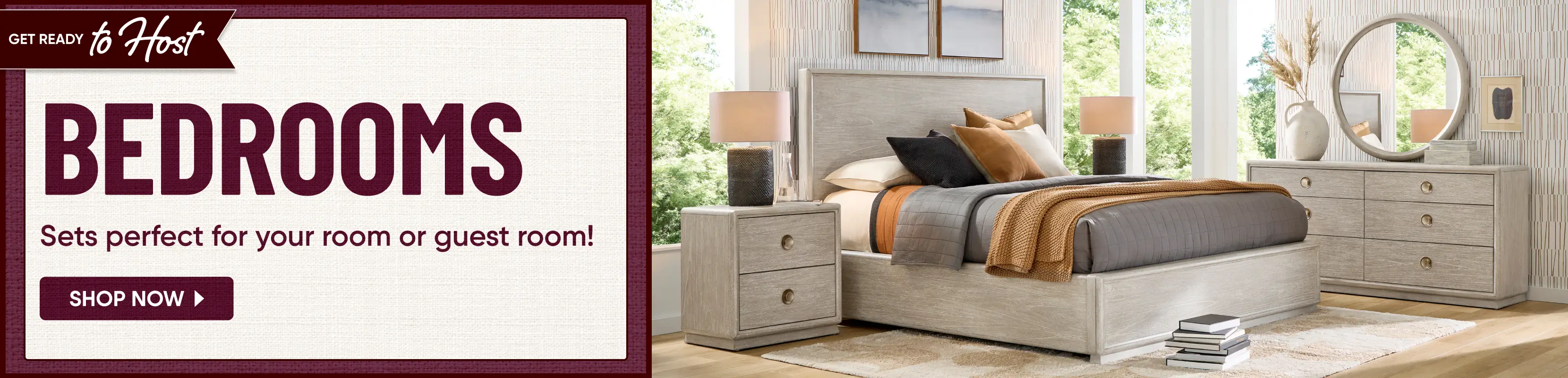 GET READY to Host BEDROOMS Sets perfect for your room or guest room! SHOP NOW. A light wood bedroom set with a bed and dresser.