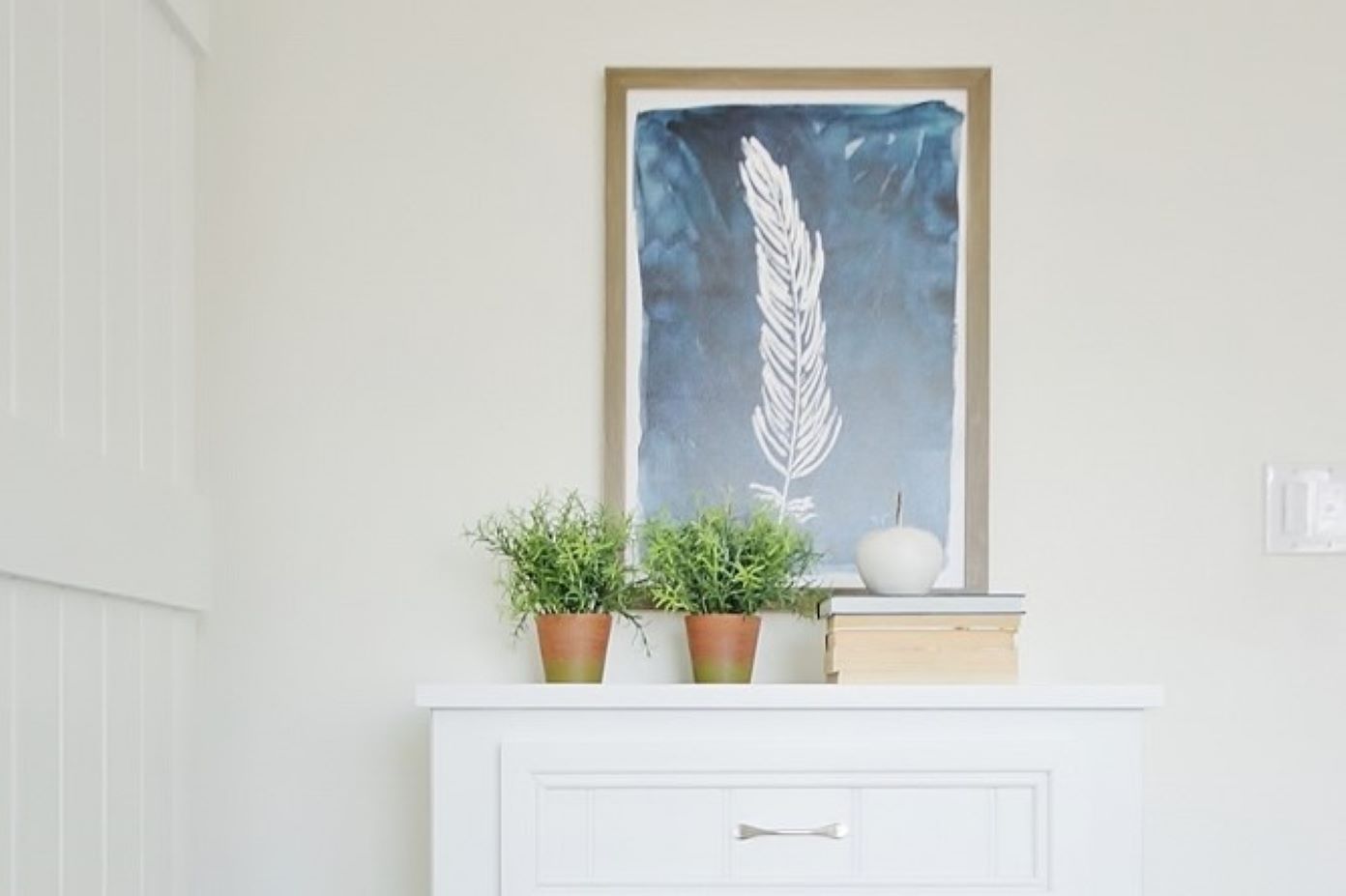 White cabinet with plants, books, and a framed feather art piece.
