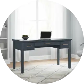 Blue desk with drawers, a laptop, and a plant.
