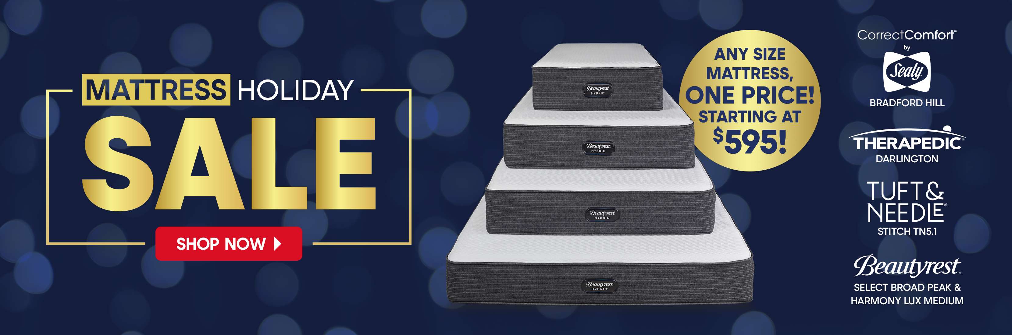 Mattress Holiday Sale. Any size mattress, one price starting at $595.
