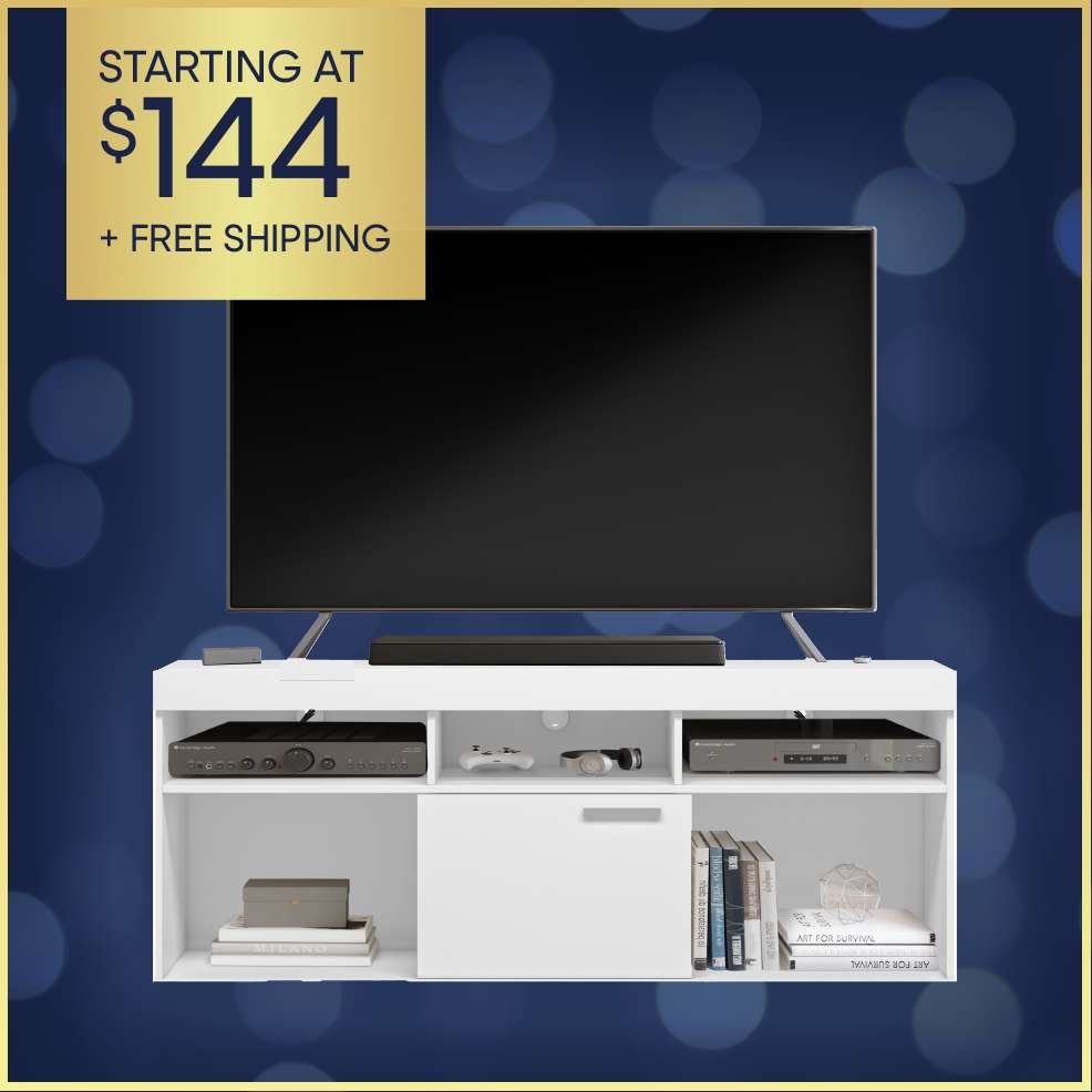 Starting at $144 + Free Shipping. A white TV stand with a TV on top.
