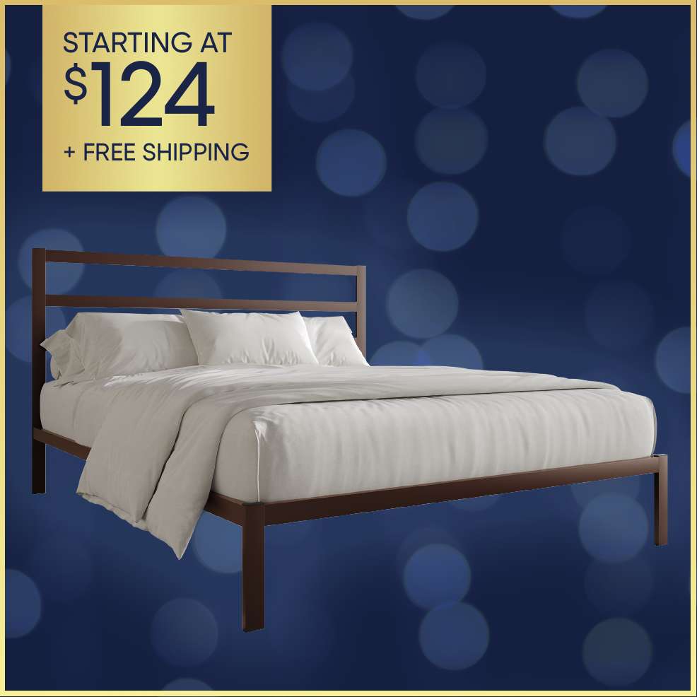 STARTING AT $124 + FREE SHIPPING. A bed frame with white bedding.
