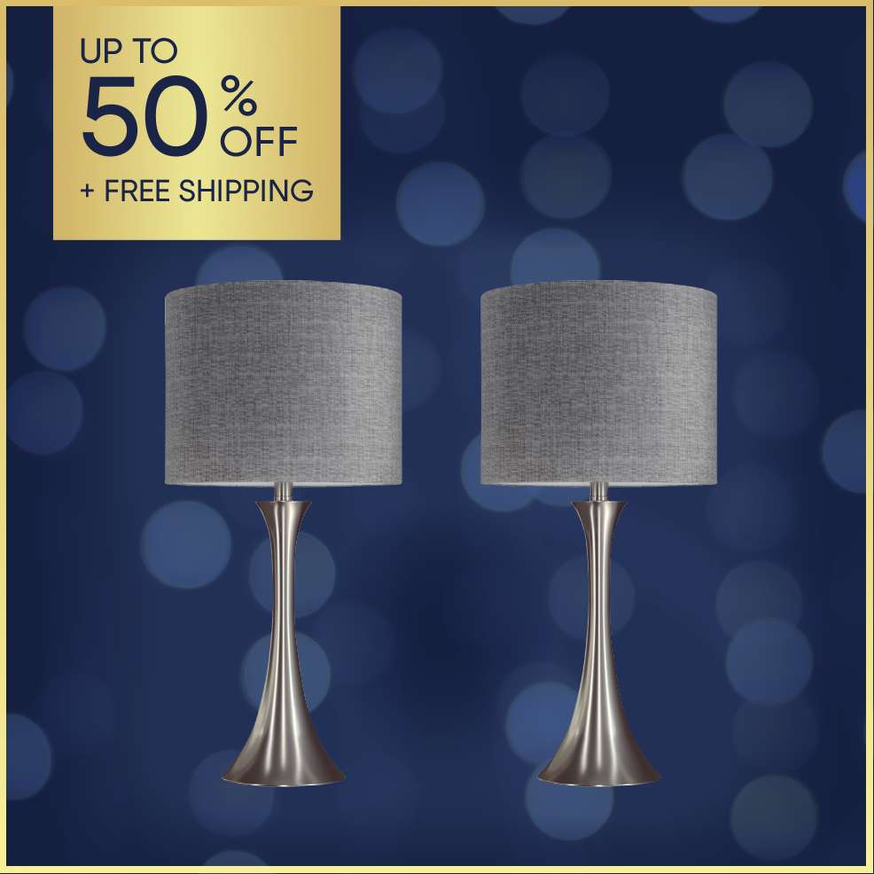 Up to 50% off + free shipping. Two gray lamps with silver bases.
