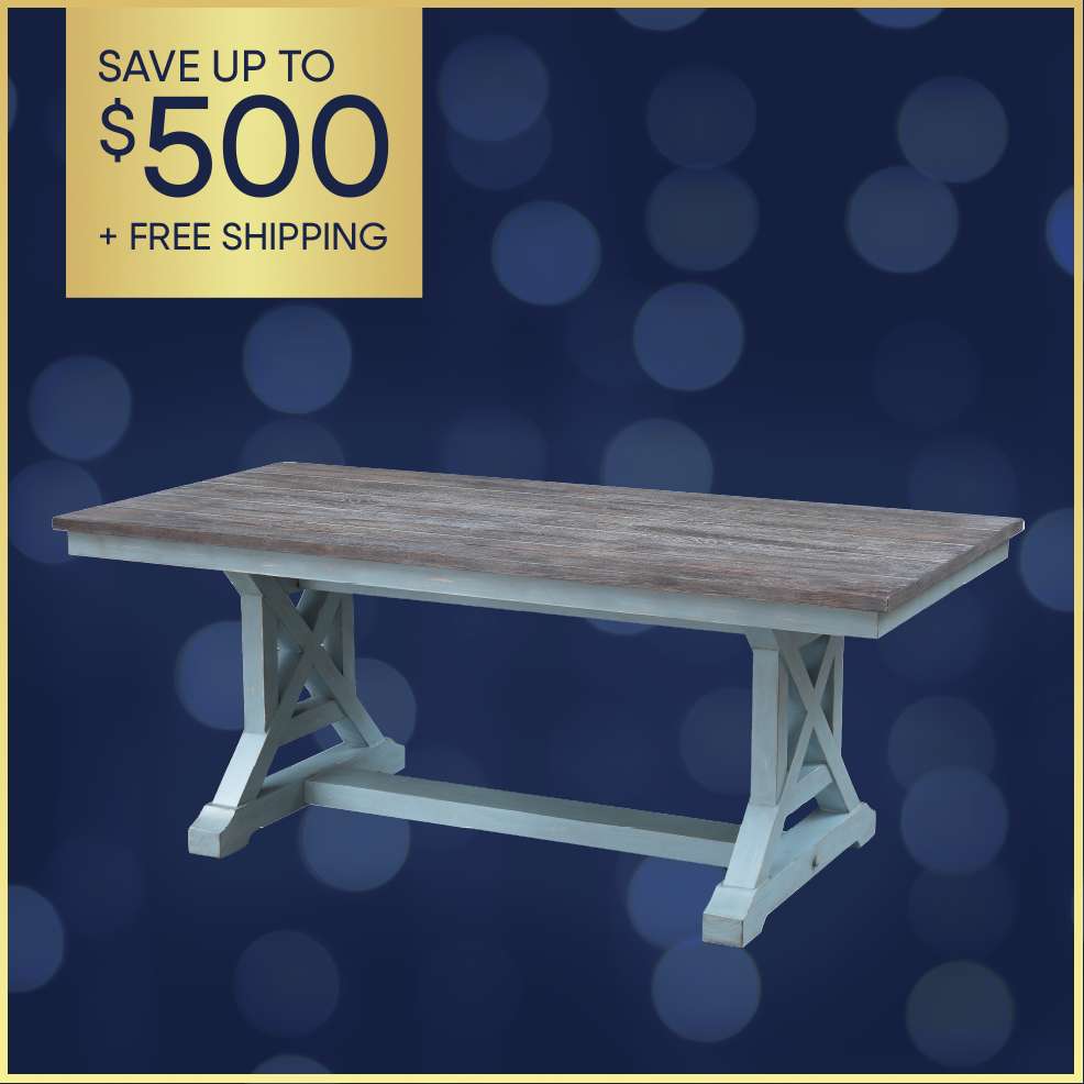 SAVE UP TO $500 + FREE SHIPPING. A wooden dining table with a blue base and brown top.
