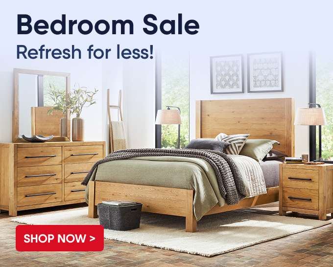 Bedroom Sale. Refresh for less! A bedroom set with a bed, dresser, and nightstand.