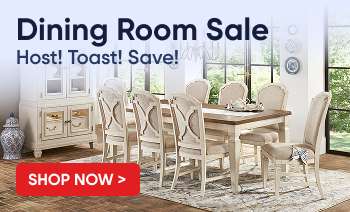 Dining Room Sale: Host! Toast! Save! Shop Now button. Dining room furniture set.