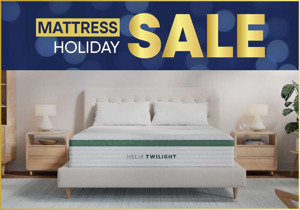 Mattress Holiday Sale. A bed with a Helix Twilight mattress.
