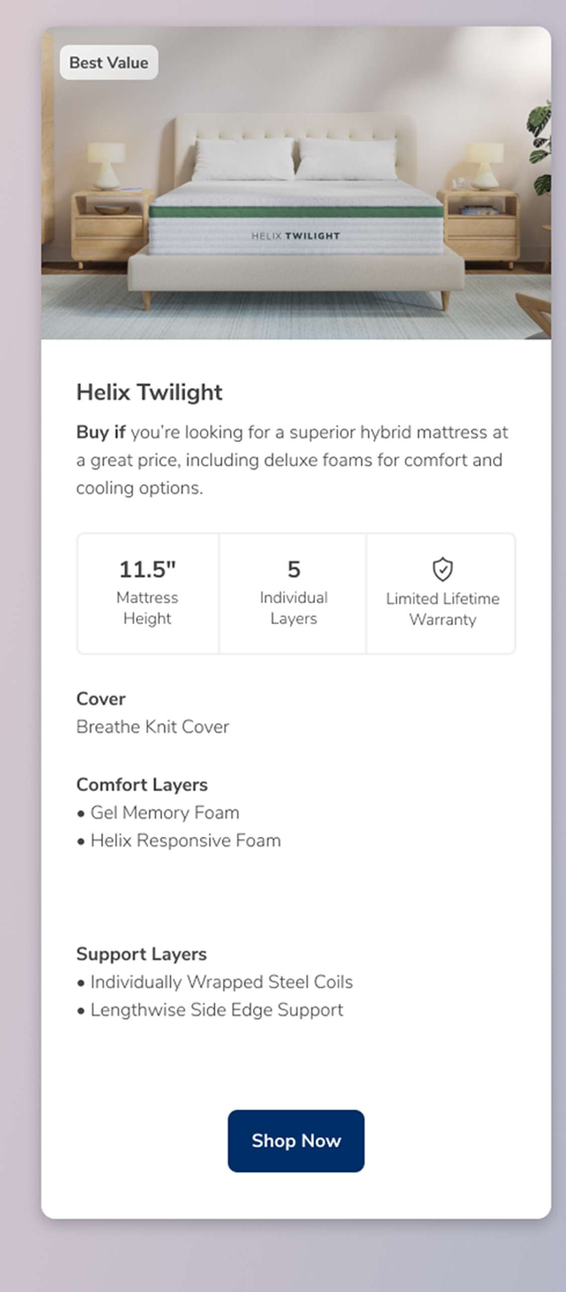 Helix Twilight mattress with "Best Value" label.
