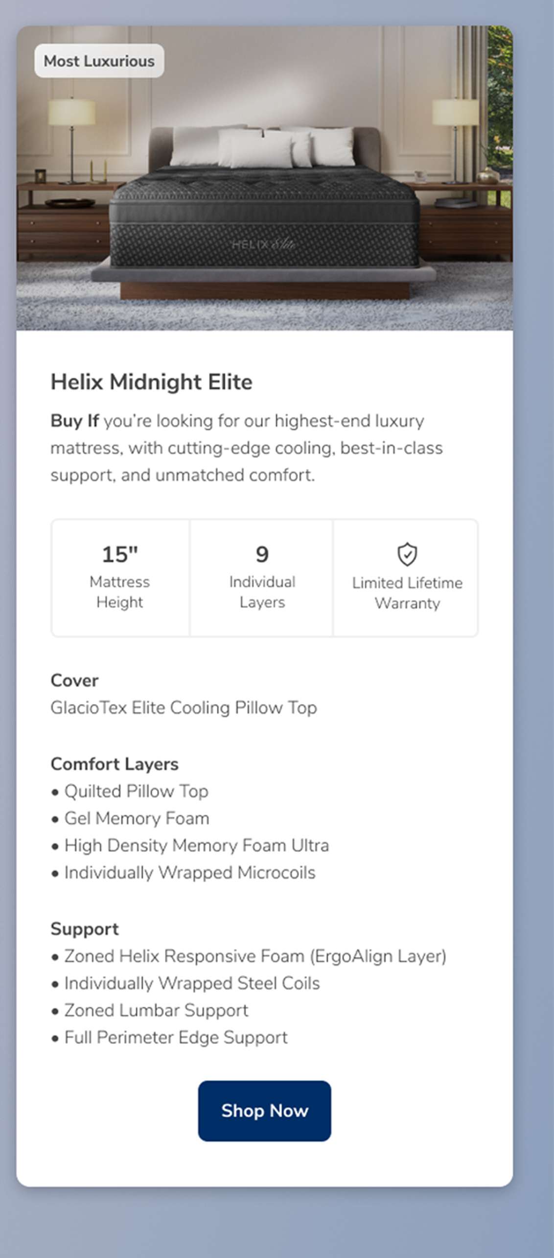 Helix Midnight Elite mattress with features listed.
