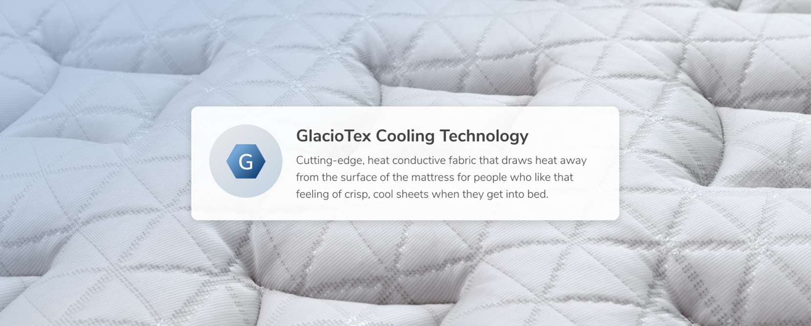 GlacioTex Cooling Technology. A close-up of a white mattress with a diamond pattern.
