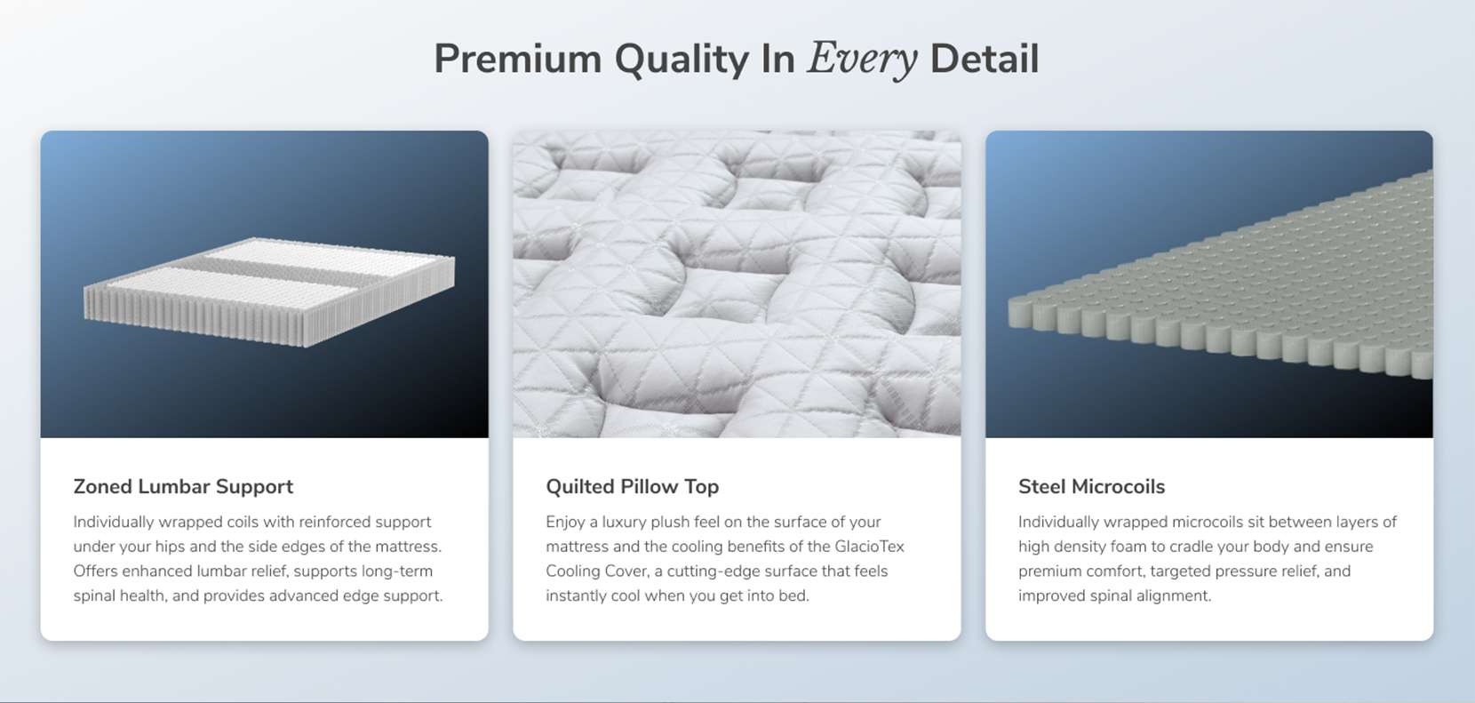 Premium Quality In Every Detail. Zoned Lumbar Support, Quilted Pillow Top, and Steel Microcoils.
