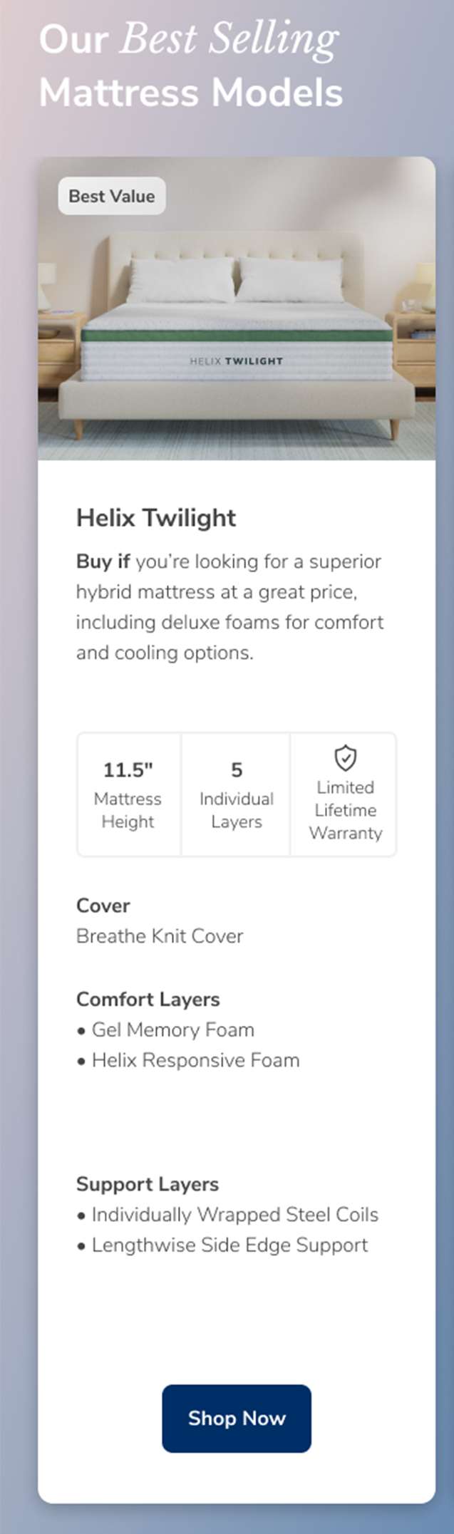 Helix Twilight mattress with "Best Value" label.
