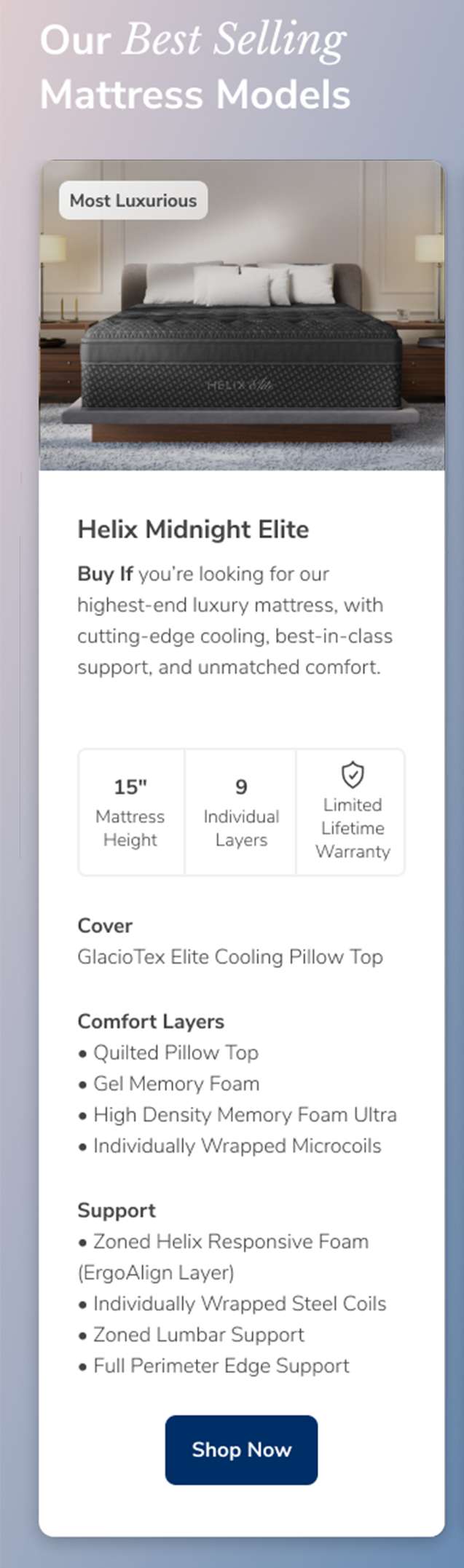 Helix Midnight Elite mattress with features listed.
