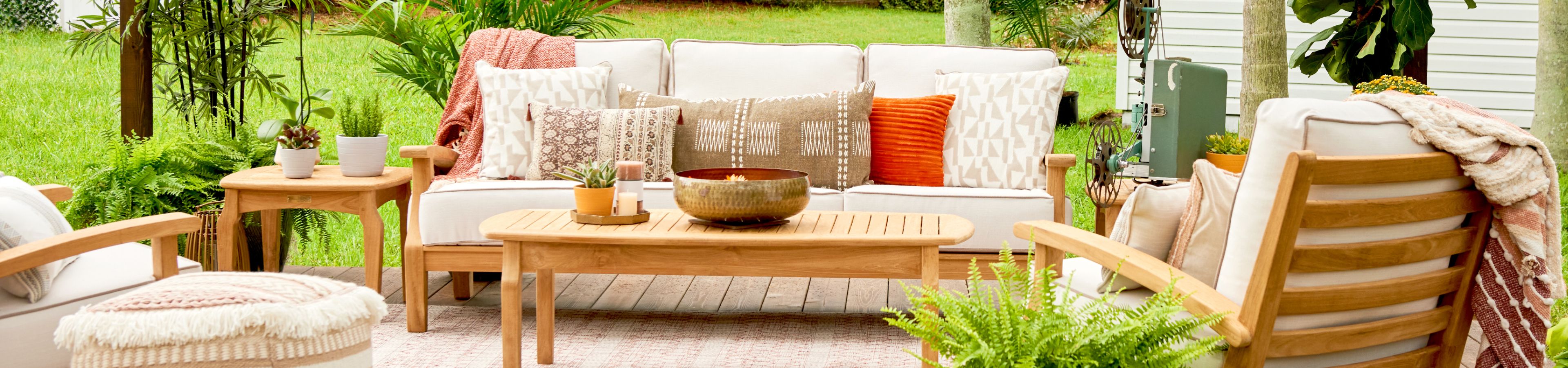 patio set with colorful pillows