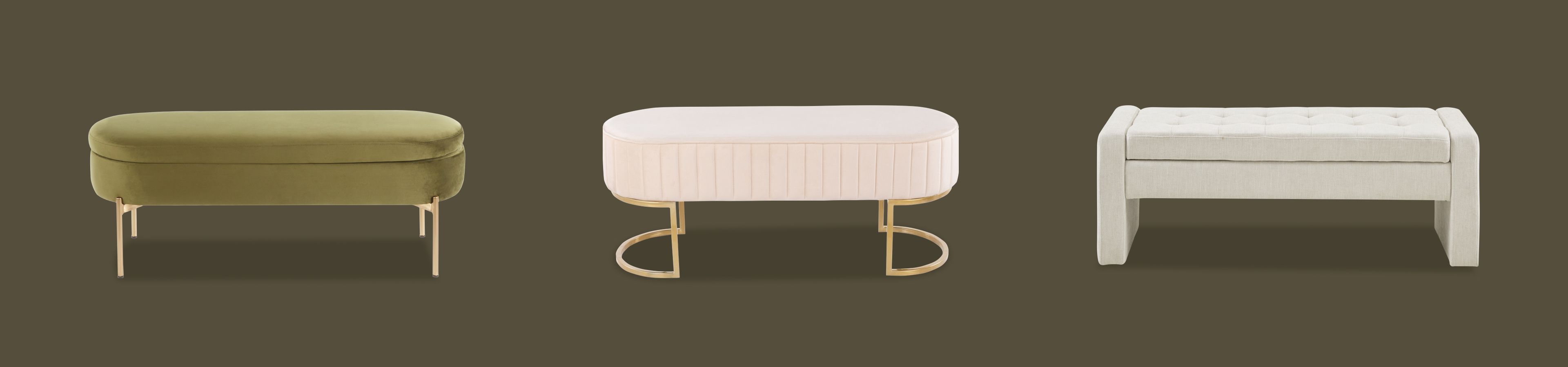 Three upholstered benches in different styles and colors.
