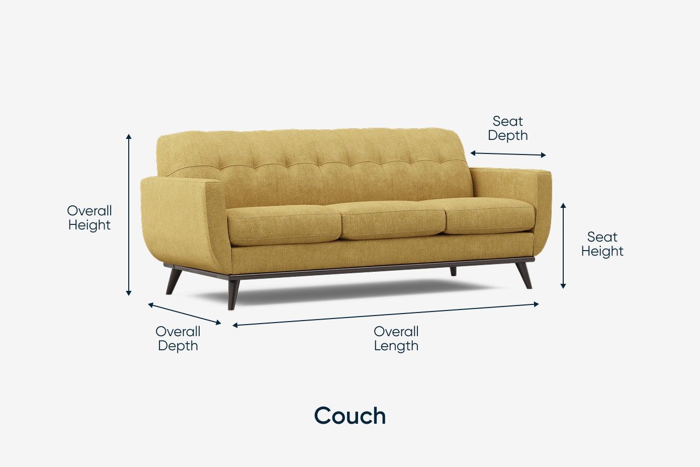 Couch with dimensions labeled: overall height, overall depth, overall length, seat depth, and seat height.
