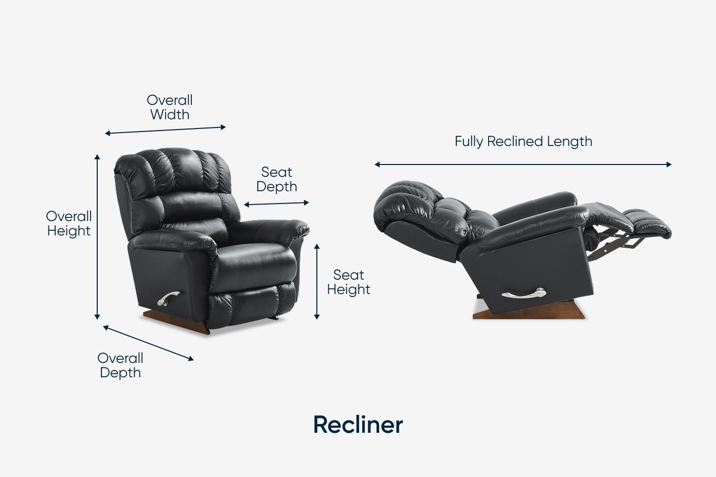 Recliner with dimensions labeled: overall width, height, depth, seat depth, seat height, and fully reclined length.
