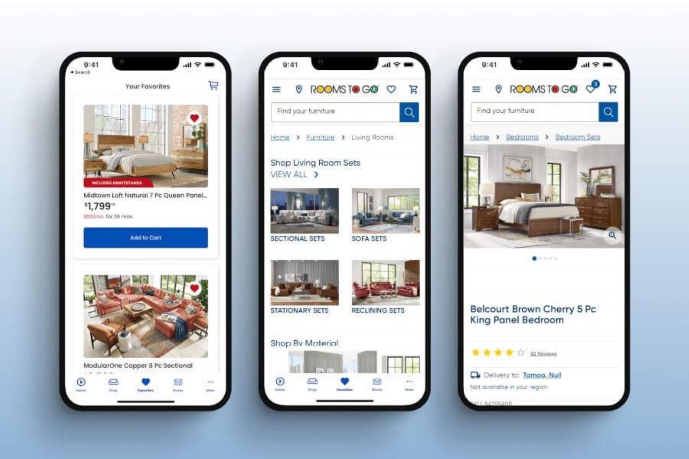 Screenshots of the Rooms To Go app showing furniture listings.
