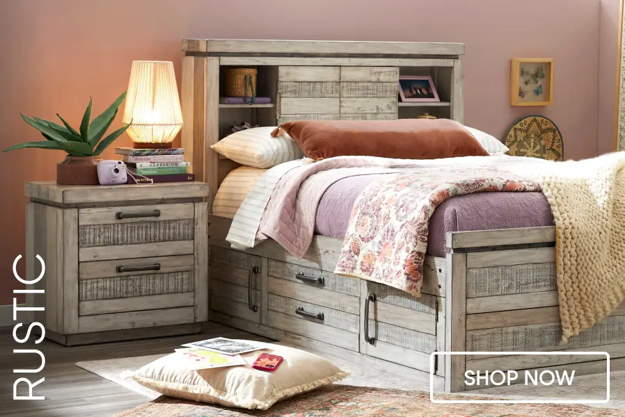 RUSTIC SHOP NOW. A rustic wooden bed frame with built-in storage drawers and a matching nightstand in a bedroom setting.