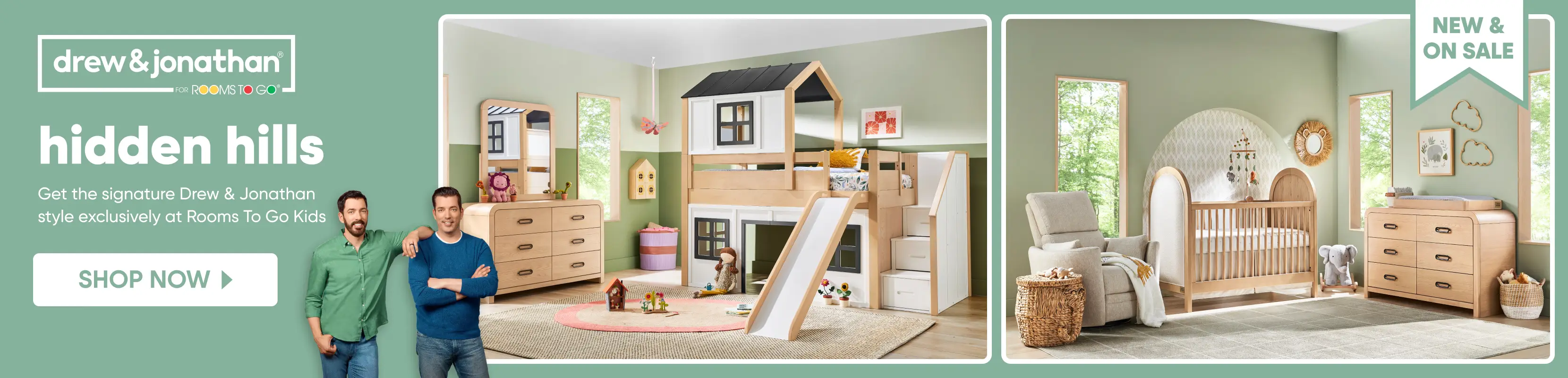 Drew & Jonathan for Rooms To Go Kids Hidden Hills collection featuring a playhouse bunk bed and nursery furniture.