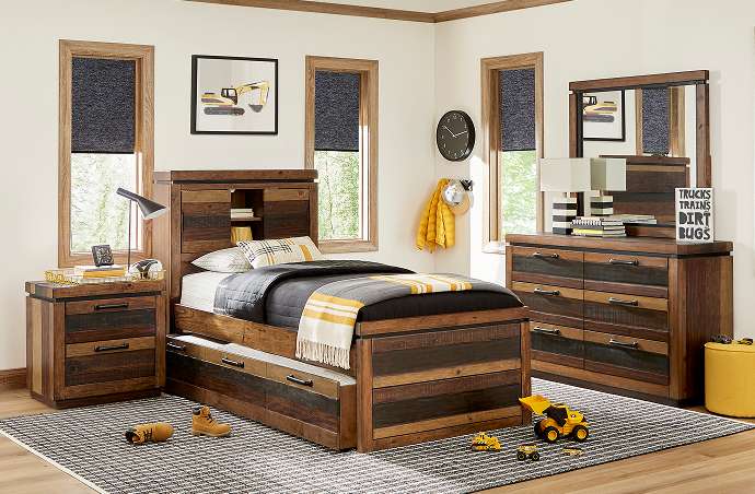 Bedroom furniture set with a bed, dresser, and nightstand.

