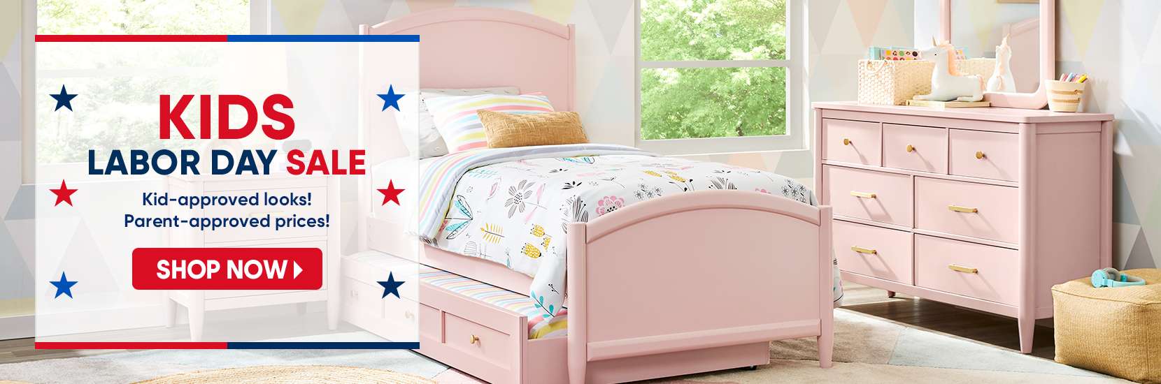 KIDS LABOR DAY SALE. Pink kids bedroom set with a bed and dresser.
