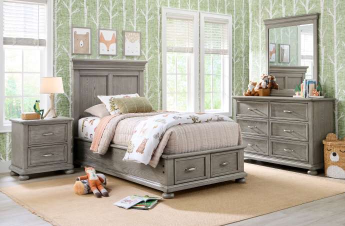 Bedroom furniture set with a bed, nightstand, dresser, and mirror.