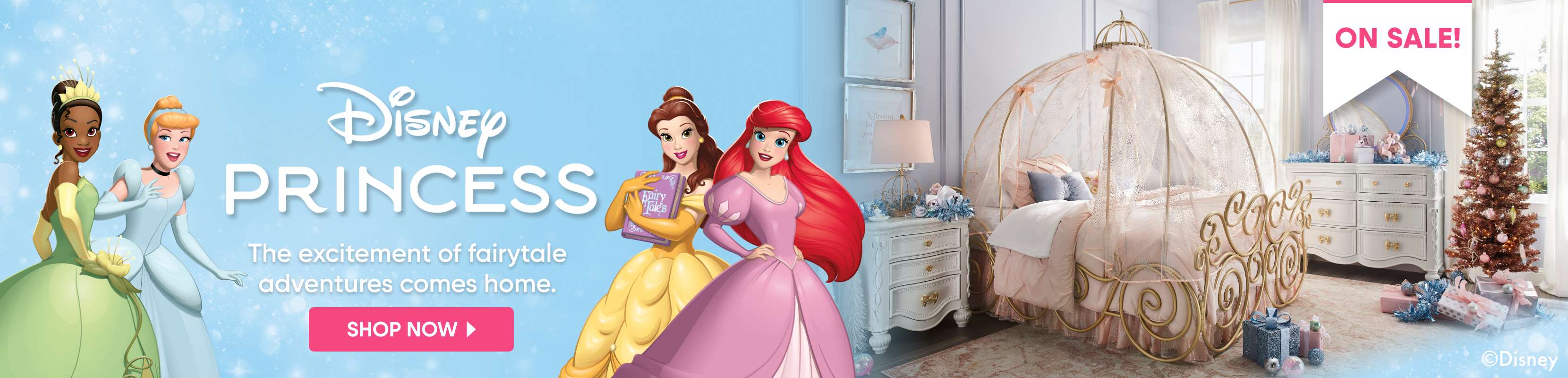 Disney Princess banner with princesses, furniture, and "ON SALE!" text.