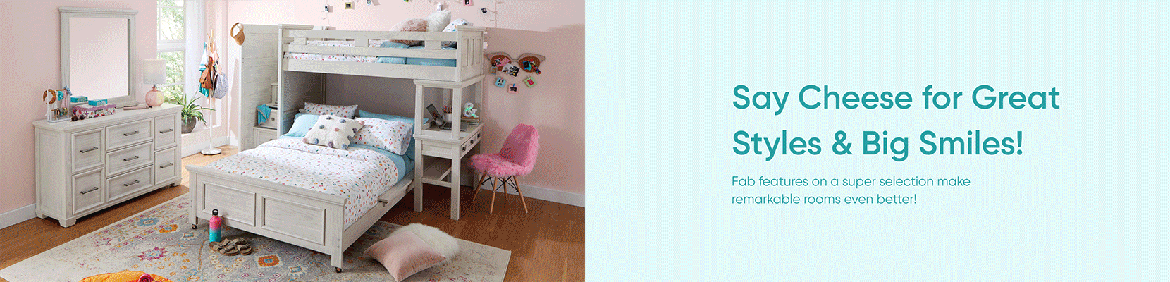 Say Cheese for Great Styles & Big Smiles! A bedroom with a bunk bed and dresser.

