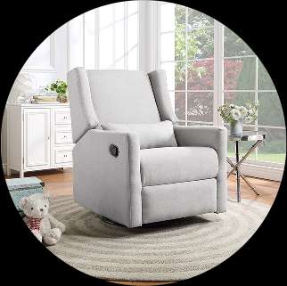 Light gray recliner chair on a round rug.
