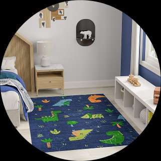 Blue dinosaur rug in a child's bedroom.
