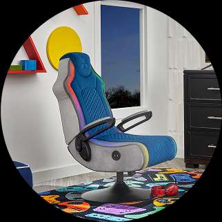 Gaming chair with blue and gray upholstery, colorful lights, and a black base.
