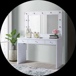 White vanity table with a mirror and lights.
