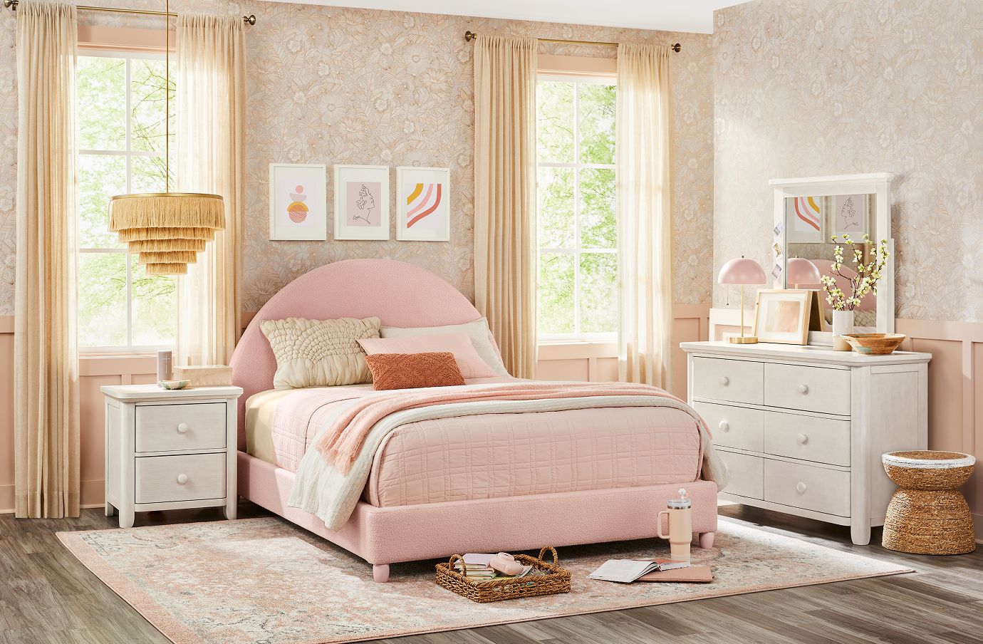 A pink bed in a bedroom with a rug, nightstand, and dresser.
