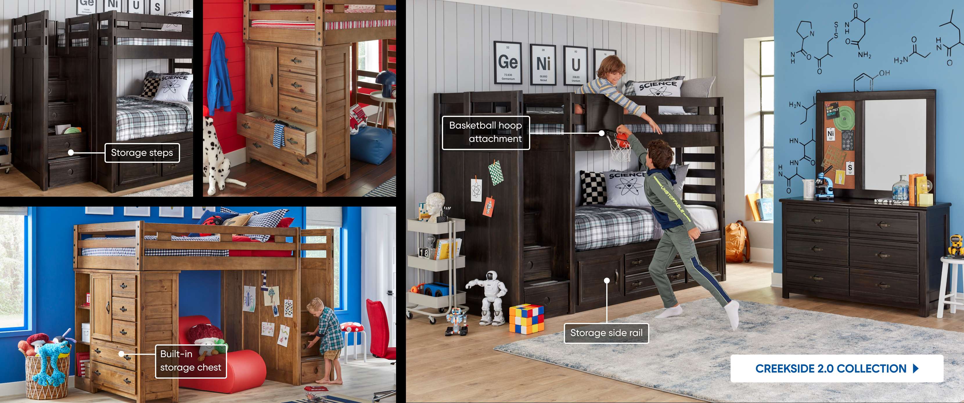 Bunk beds with storage steps, a built-in storage chest, and a basketball hoop attachment.
